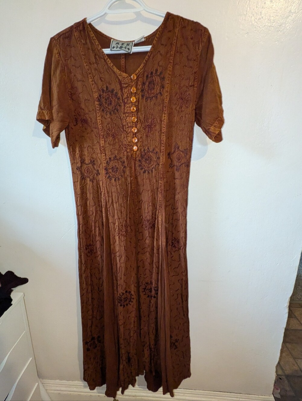 Brown Embroidered Button-Front Maxi Dress